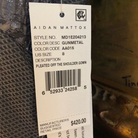 Aidan Mattox Gunmetal Off The Shoulder Silver Floral Detail-Soft Mesh Lined Gown - Picture 13 of 14